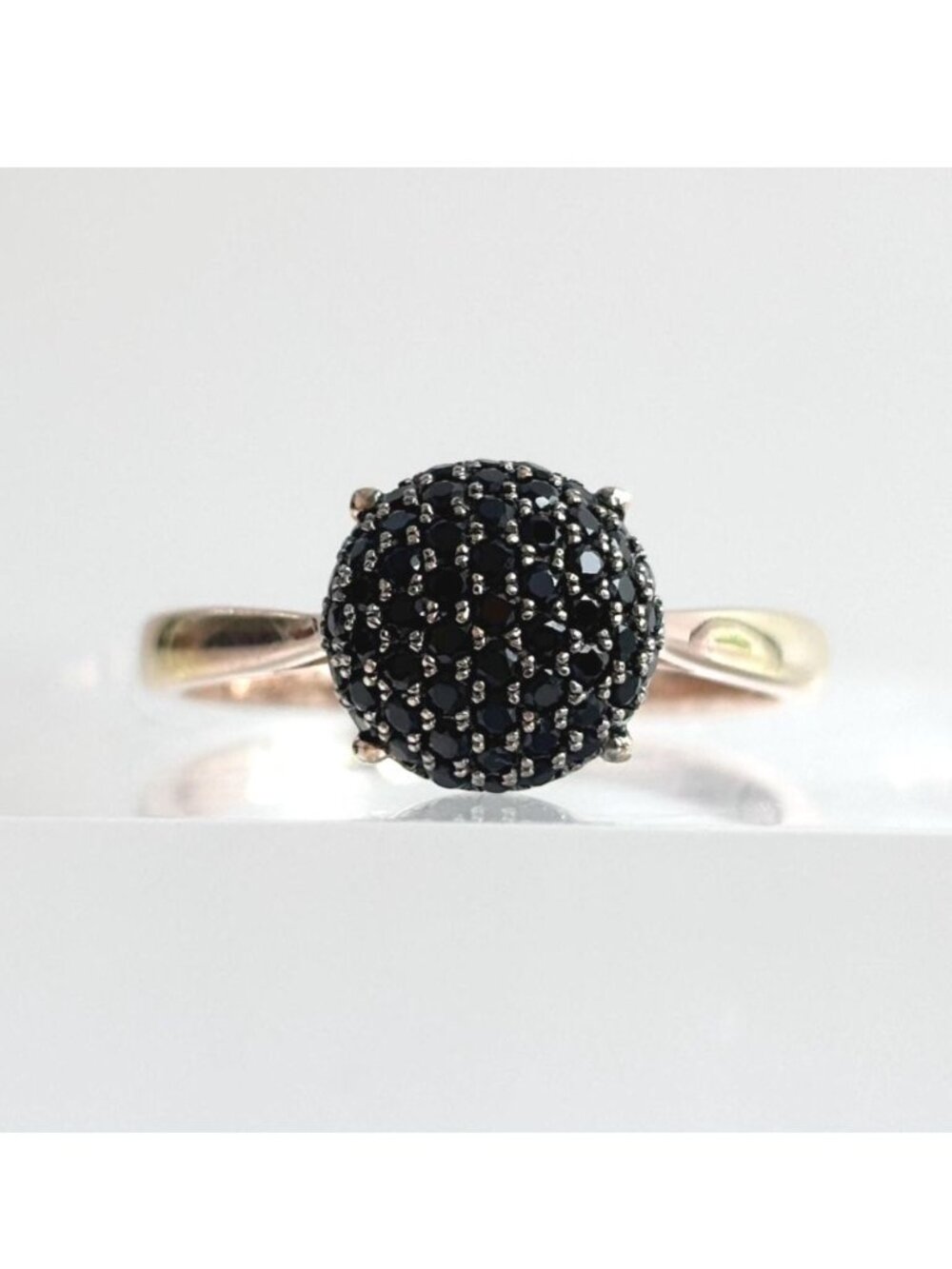 Black Spinel Pave Vermeil Gold Overlay Sterling Silver 925 Vintage Ring - sz 10